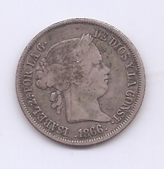 ESPAÑA ISABEL II DEL AÑO 1866 40 CENTIMOS DE ESCUDO